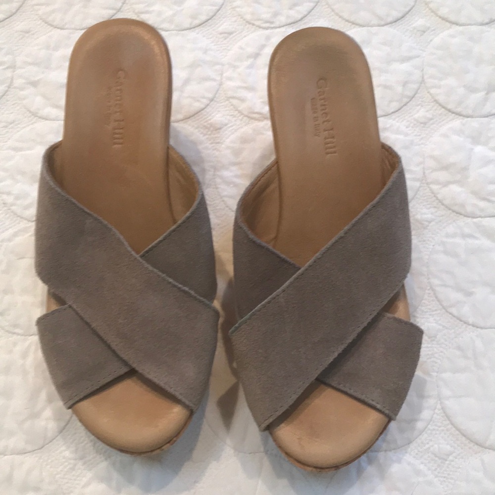 {Garnet Hill} Suede Cross Band Platform Wedges 6